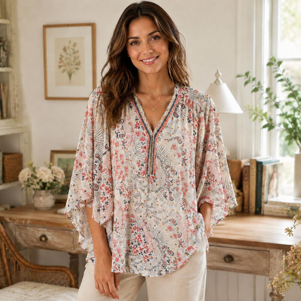 New Directions Sheer White Floral Tunic Top Gold Shimmer Flutter Sleeve XL NWT